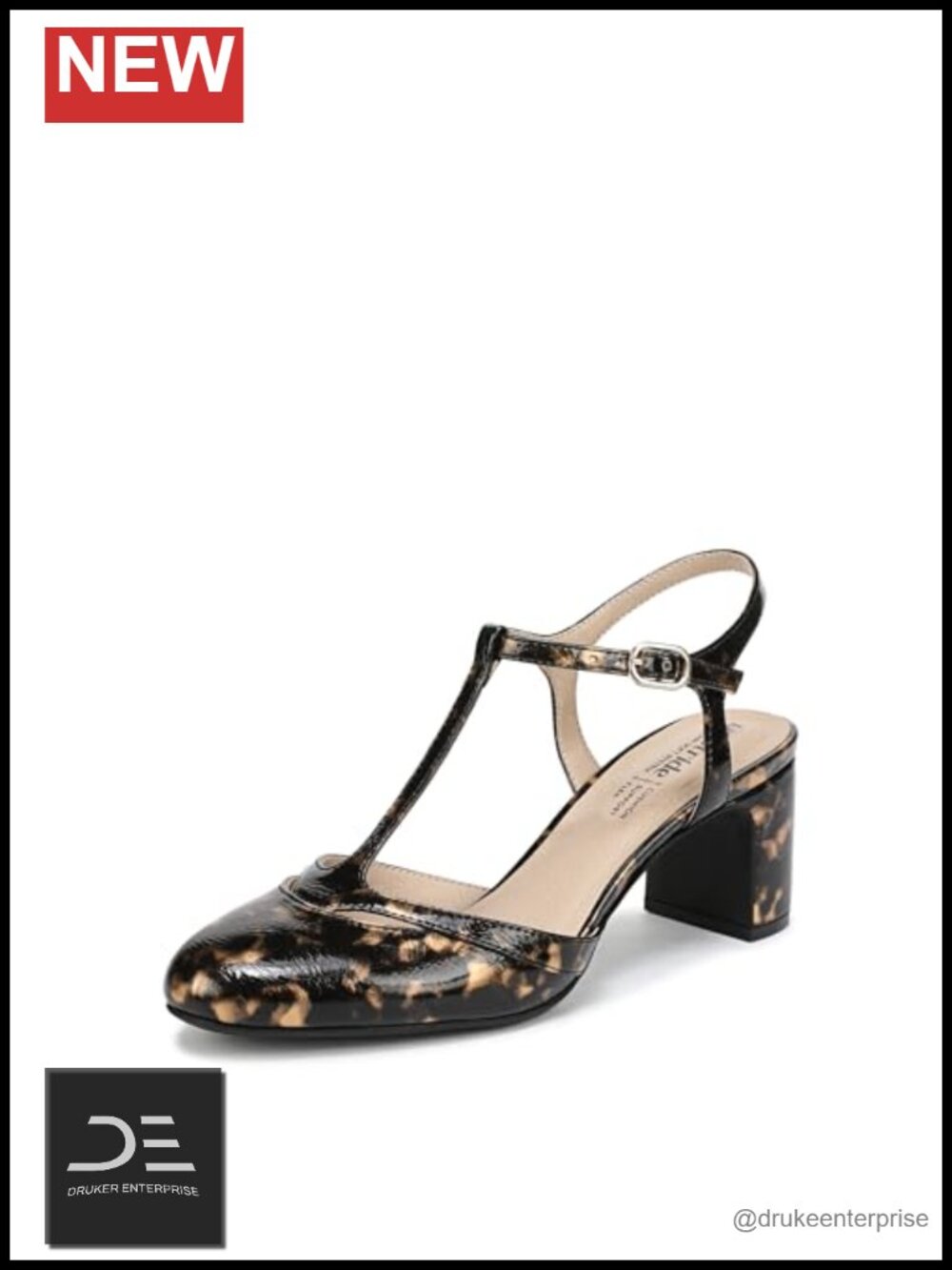 Women's Block Heel Pumps Slingback T-Strap Patent Faux Leather Round Toe
